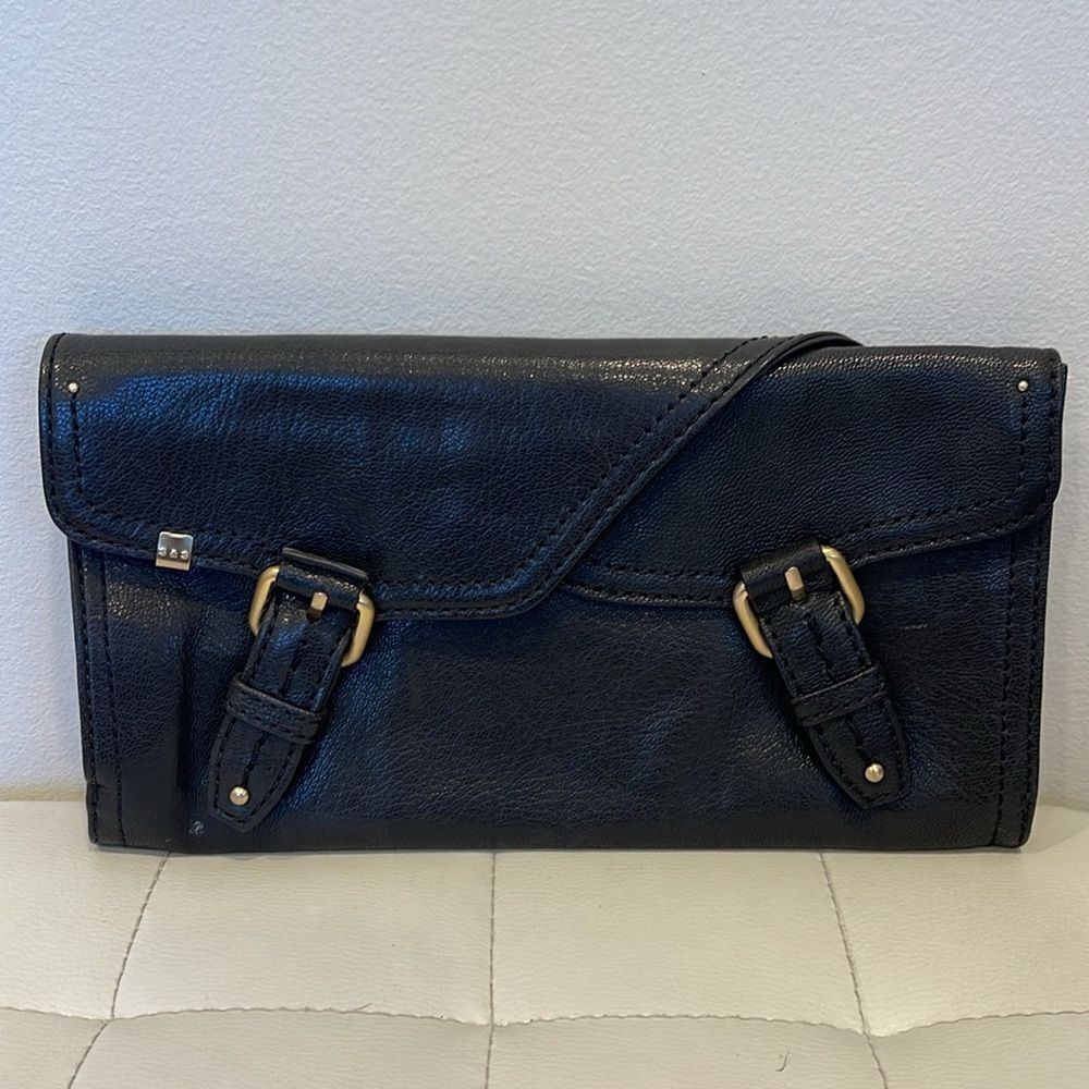 Anthropologie SCHULER & SONS Black Buckle Leather Card Clutch